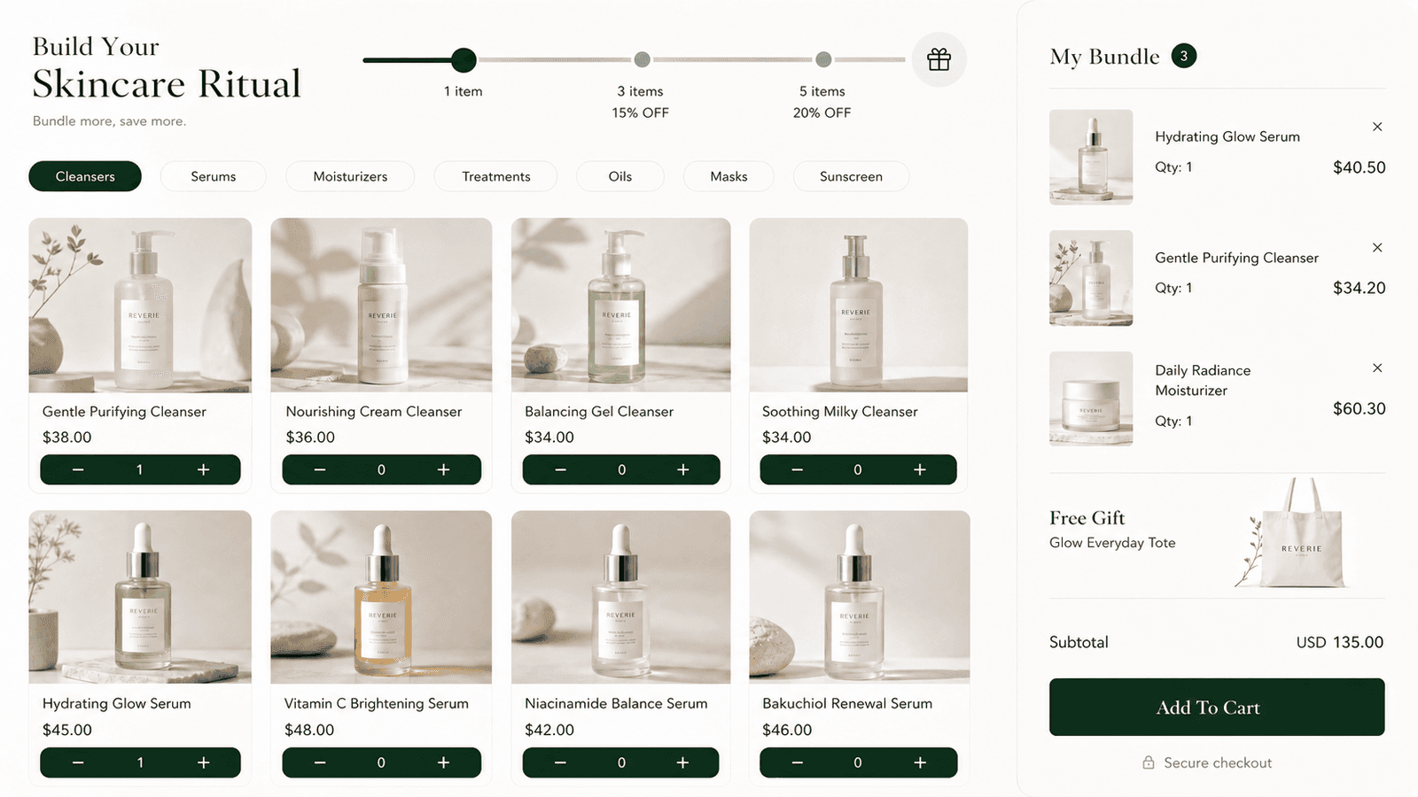 Mix and match bundle page with product grid, discount tiers, a bundle summary and a free gift